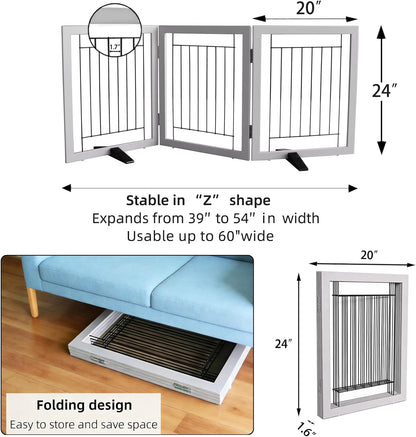 ZJSF Freestanding Dog Gate Indoor, Foldable Dog Fence for Doorways,Hallways or Stairs, Sturdy Wood Extra Wide Pet Gate with Support Feet,Black,24 "Height-3 Panels