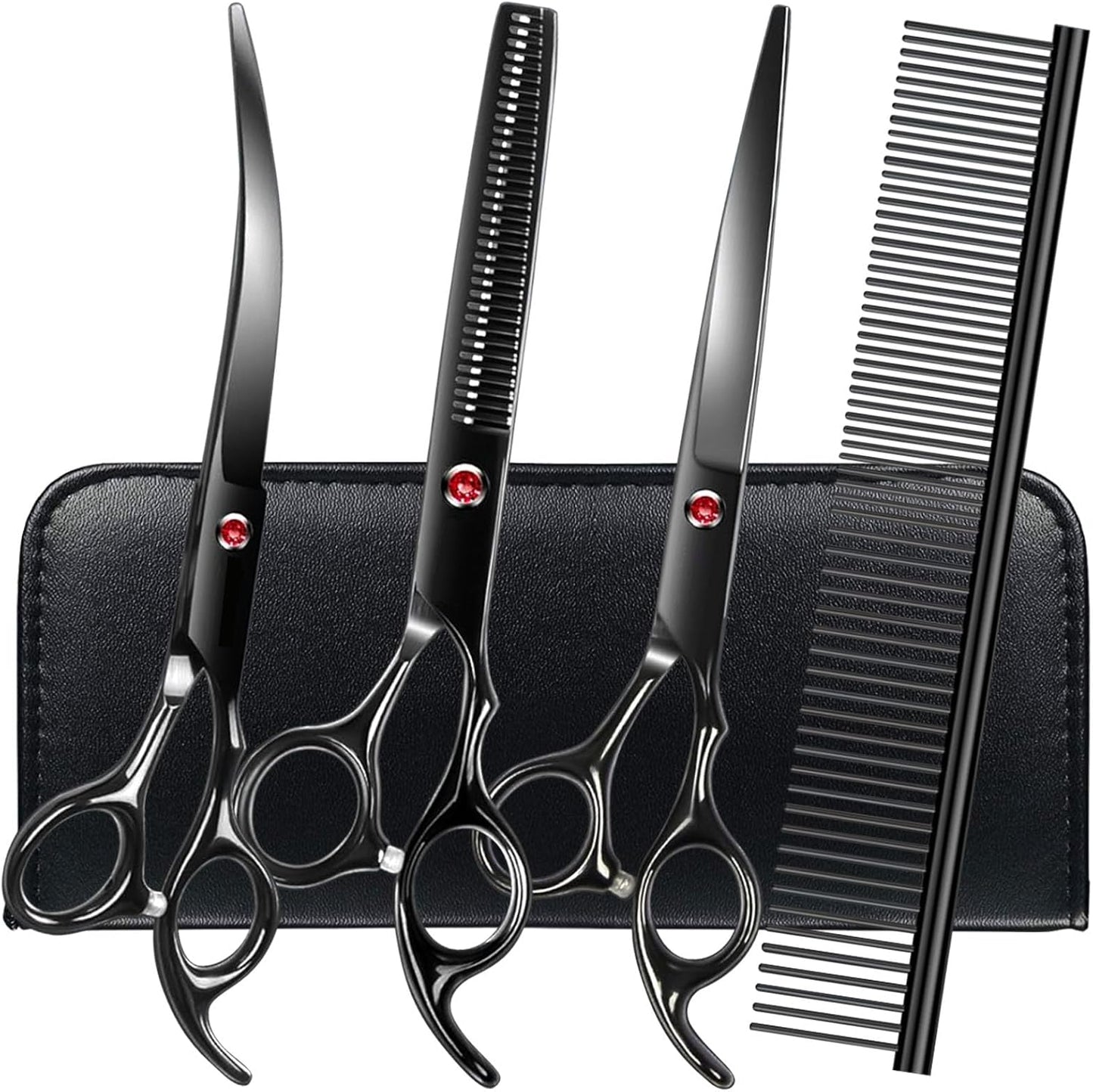 FAIGEO Dog Grooming Scissors with Safety Round Tips Stainless Steel Professional Dog Grooming Kit - Thinning, Curved Scissors and Comb for Cat Pet (Pink 4 in 1)
