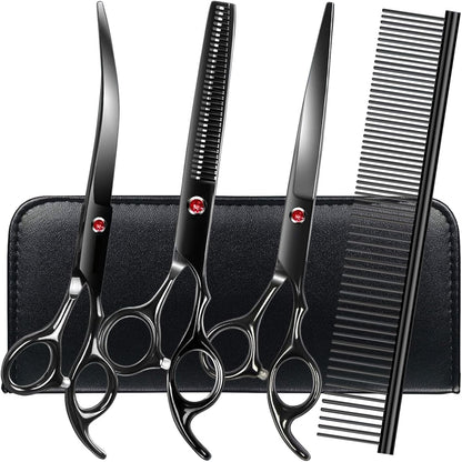 FAIGEO Dog Grooming Scissors with Safety Round Tips Stainless Steel Professional Dog Grooming Kit - Thinning, Curved Scissors and Comb for Cat Pet (Pink 4 in 1)