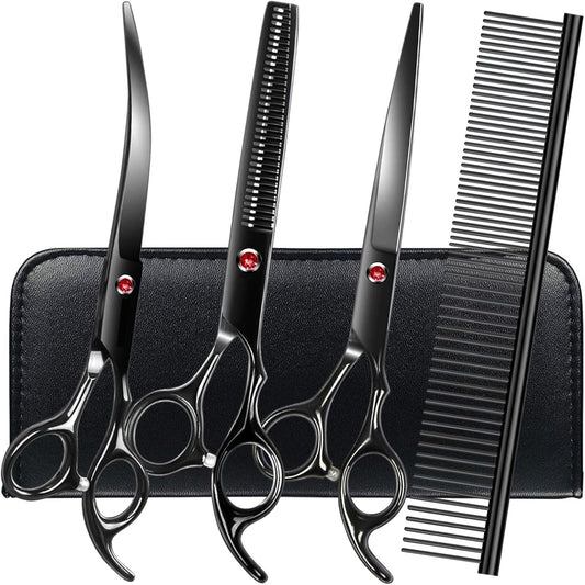 FAIGEO Dog Grooming Scissors with Safety Round Tips Stainless Steel Professional Dog Grooming Kit - Thinning, Curved Scissors and Comb for Cat Pet (Pink 4 in 1)