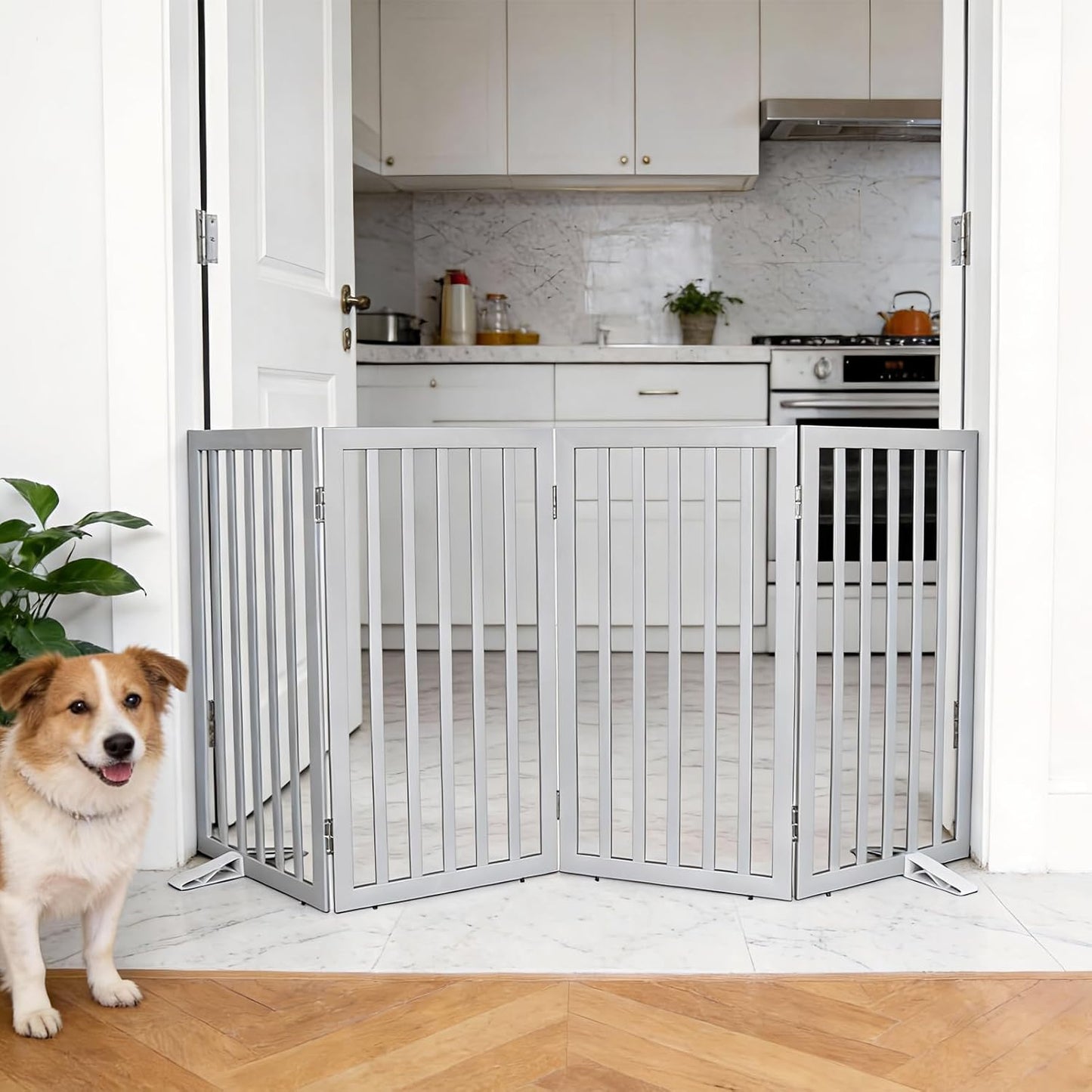 Dog Gate Indoor, Freestanding Dog Fence for The House, Doorways, Hallways,or Stairs,Pet Gate Foldable Wooden,Expandable 24" Height 3 Panels,White