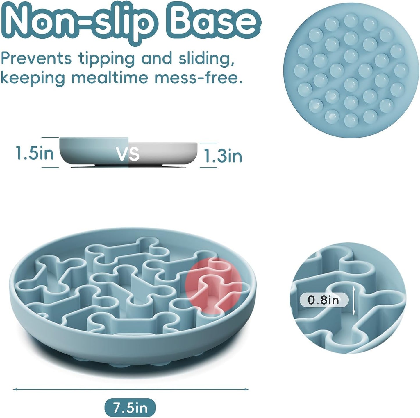 Silicone Slow Feeder Dog Bowl – Pink Bone Pattern | Food-Grade Non-Slip Dog Dish for Anti-Bloat, Fast Eating Prevention, 7.5” x 1.5”, Dishwasher Safe