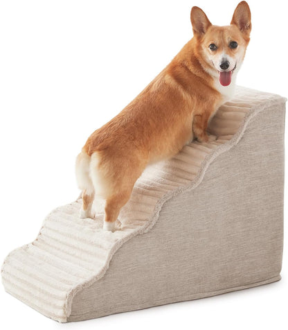 Laojin Balhen Dog Stairs for Small Dogs & Cats 15.7" H, High Density Foam Dog Steps Ramp for Couch Sofa and Chair, Pet Stairs with Non-Slip Bottom and Remove Washable Cover, 3-Step Pet Steps, Beige