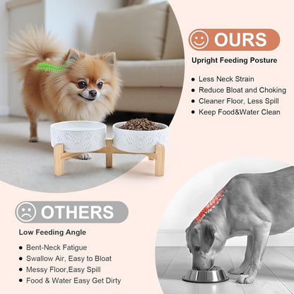 SPUNKYJUNKY Elevated Dog Bowls Ceramic, 6.1'' Dogs and Cat Food Water Bowls Raised with Non-Slip Bamboo Stand for Medium Sized Breed Microwave Dishwasher Safe - 28.7 OZ,Beige
