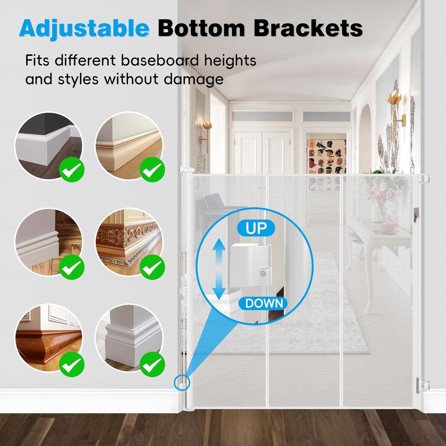 Reinforced 52" Extra Tall Dog Gate for Doorway, Jump-Resistant & Prevent Crawling Underneath Retractable Dog Gates Indoor, 0-55" W Retractable Baby Gate for Doorway, Safety Extra Tall Cat Gate, White