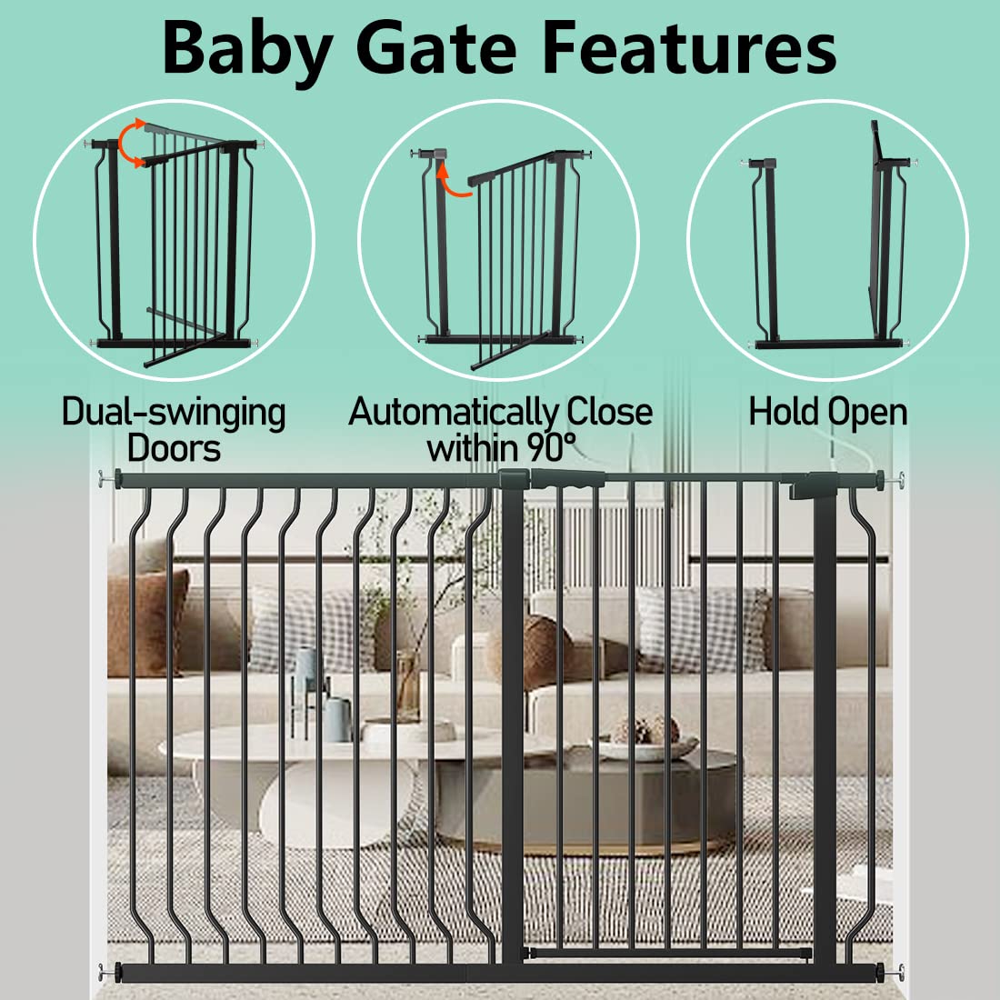 ALLAIBB White 40.55" Extra Tall Wide 57.48-73.62" Baby Gate Pressure Mounted Walk Through Child Kids Safety Toddler Tension Pet Dog Gates with Extension for Doorways Kitchen