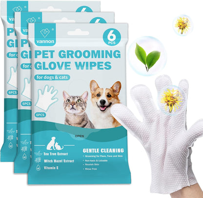 Vannon Extra Thick Pet Bathing Wipes for Dogs & Cats, Cleaning & Odor-Controlling Grooming Gloves, Nourish Fur Glove Wipes for Daily Care and Traveling, Rinse Free, Unscented, 6 PCS