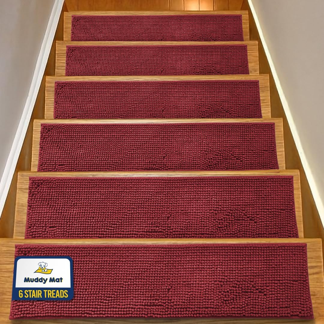 Muddy Mat® Pack of 4 - Soft Chenille Stair Treads Non-Slip Reusable, Super Absorbent Stair Treads for Wooden Steps, Tile & Marble Floor, Easy to Install & Machine Washable - Grey 30'' x 7''