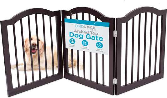 INTERNET'S BEST Arched Top Dog Gate | 4 Panel, 24" H Wooden Pet Barrier for Dogs or Cats | Freestanding Folding Room Divider for Doorways, Hallways, Stairs, and Porch | Portable, Extra Wide | Espresso