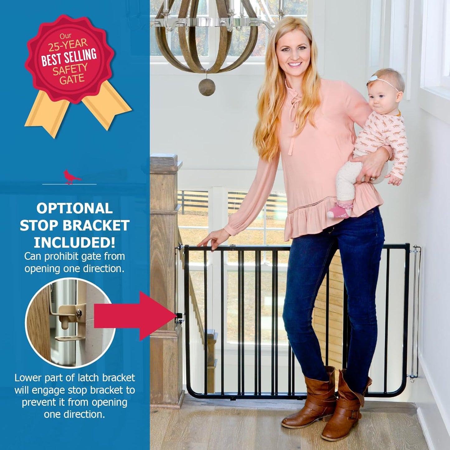 Cardinal Gates SS30 Stairway Special Baby Gate for Top of Stairs - Adjustable Indoor Dog Gate - Aluminum Metal Safety Gate for Kids & Pets - 27 to 42.5 Inches Wide - Black - USA Based Company