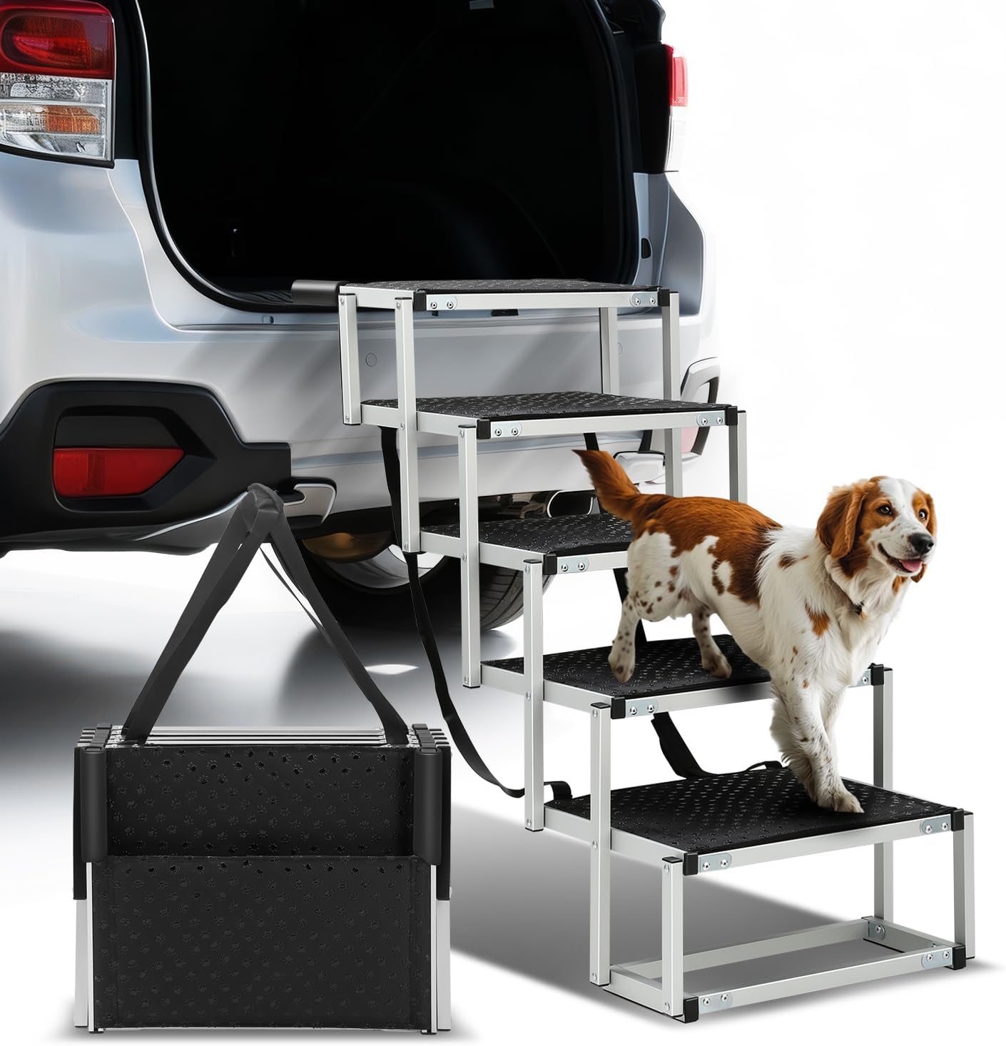 Auto Dynasty Dog Stairs for Car - 4 Steps Wide 31.4in High 25in Foldable Dog Ramp for Car Non-Slip Surface Support up to 150lbs - Suitable for SUV,Truck, Sofas, Bed/Couch