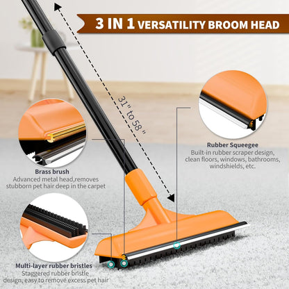 Carpet Rake for Pet Hair Removal - Reusable Dog & Cat Hair Remover with 58" Reinforced Steel Handle, 3-in-1 Professional Modular Rug Rake & Scraper Tool for Shag Rugs, Couch, Stairs (Gray)