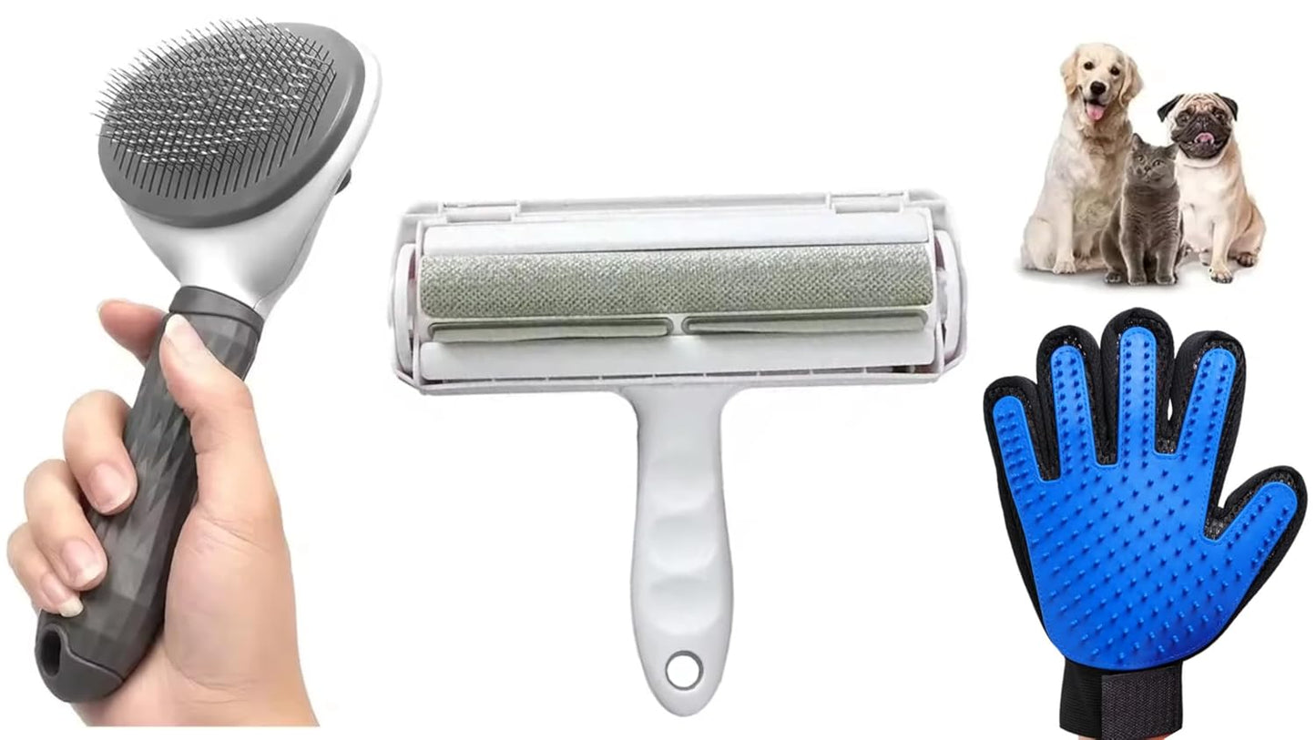 3-Pack Pet Grooming Kit for Dogs & Cats Self-Cleaning Slicker Brush, Deshedding Grooming Glove & Reusable Lint Roller Removes Loose Hair, Fur & Tangles, Easy to Clean