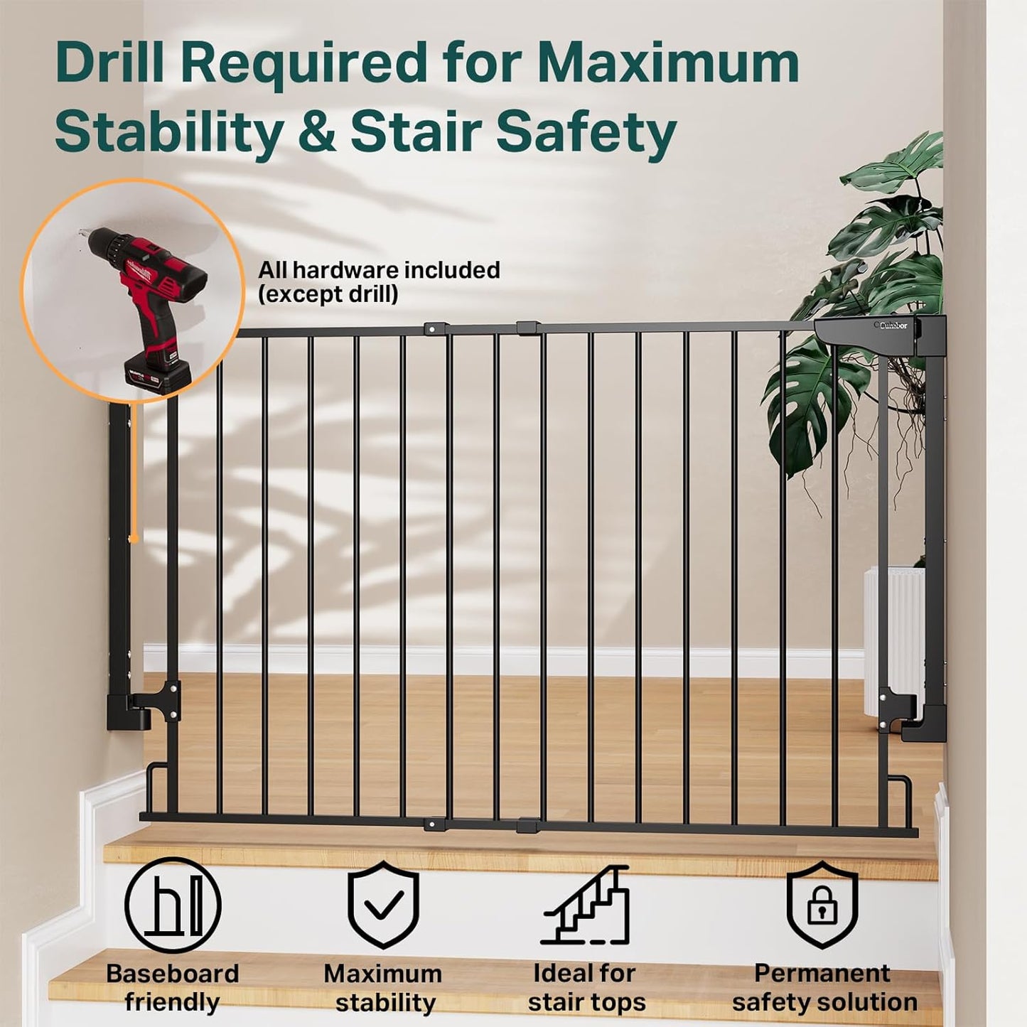 Cumbor 29.2–43" Baby Gate for Stairs, Hardware Mounted (Drill Required), Expandable No Bottom Bar Dog Gate, Auto Close Extra Wide Walk Thru, Pet & Toddler Proof Gate, Top & Bottom of Stairways(Black)