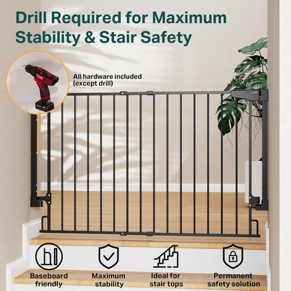 Cumbor 29.2–43" Baby Gate for Stairs, Hardware Mounted (Drill Required), Expandable No Bottom Bar Dog Gate, Auto Close Extra Wide Walk Thru, Pet & Toddler Proof Gate, Top & Bottom of Stairways(Black)