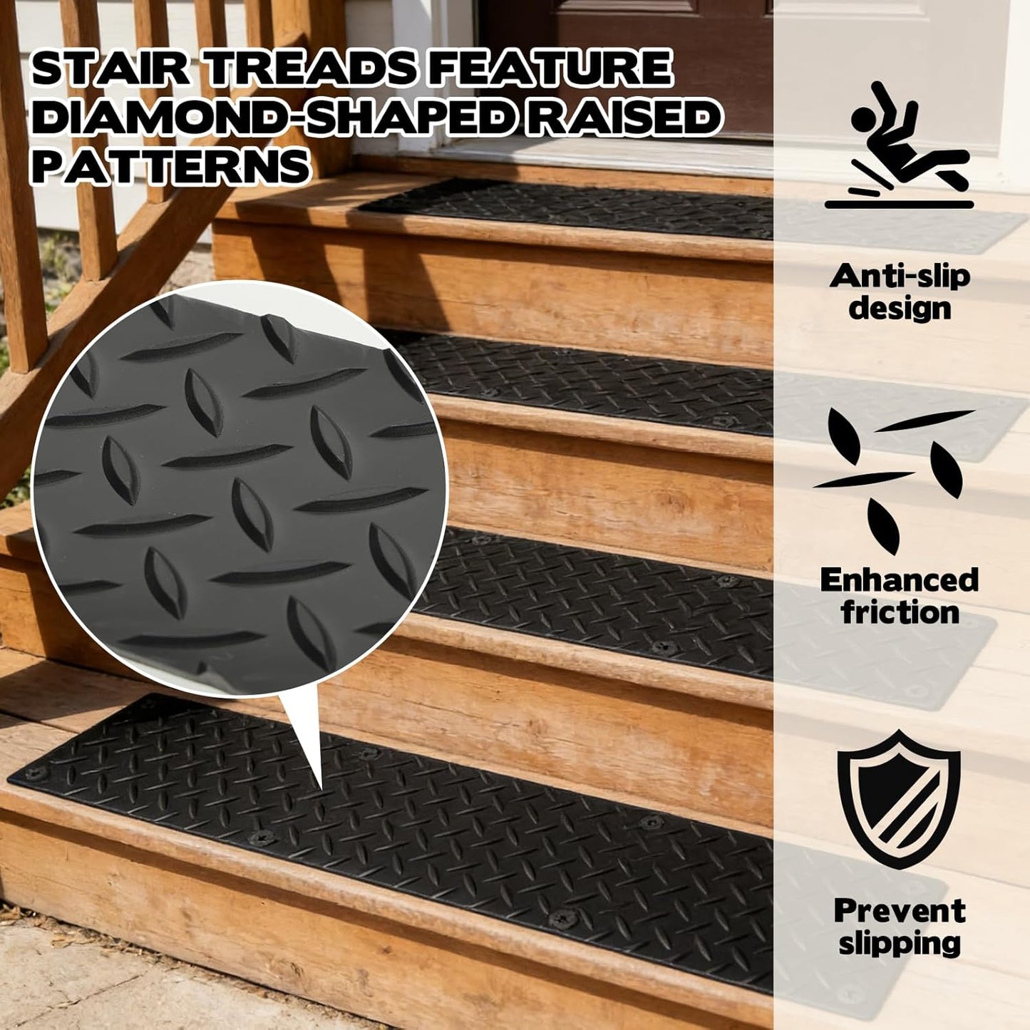 4 Pack Rubber Outdoor Stair Treads for Wooden Steps 30” x 5” Anti-Slip Step Mat Screw Down Waterproof Non Slip Stair Grips Strips for Stairs Garage Patio Dogs Walkways Rainy and Snowy Days