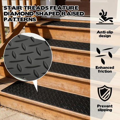 4 Pack Rubber Outdoor Stair Treads for Wooden Steps 30” x 5” Anti-Slip Step Mat Screw Down Waterproof Non Slip Stair Grips Strips for Stairs Garage Patio Dogs Walkways Rainy and Snowy Days
