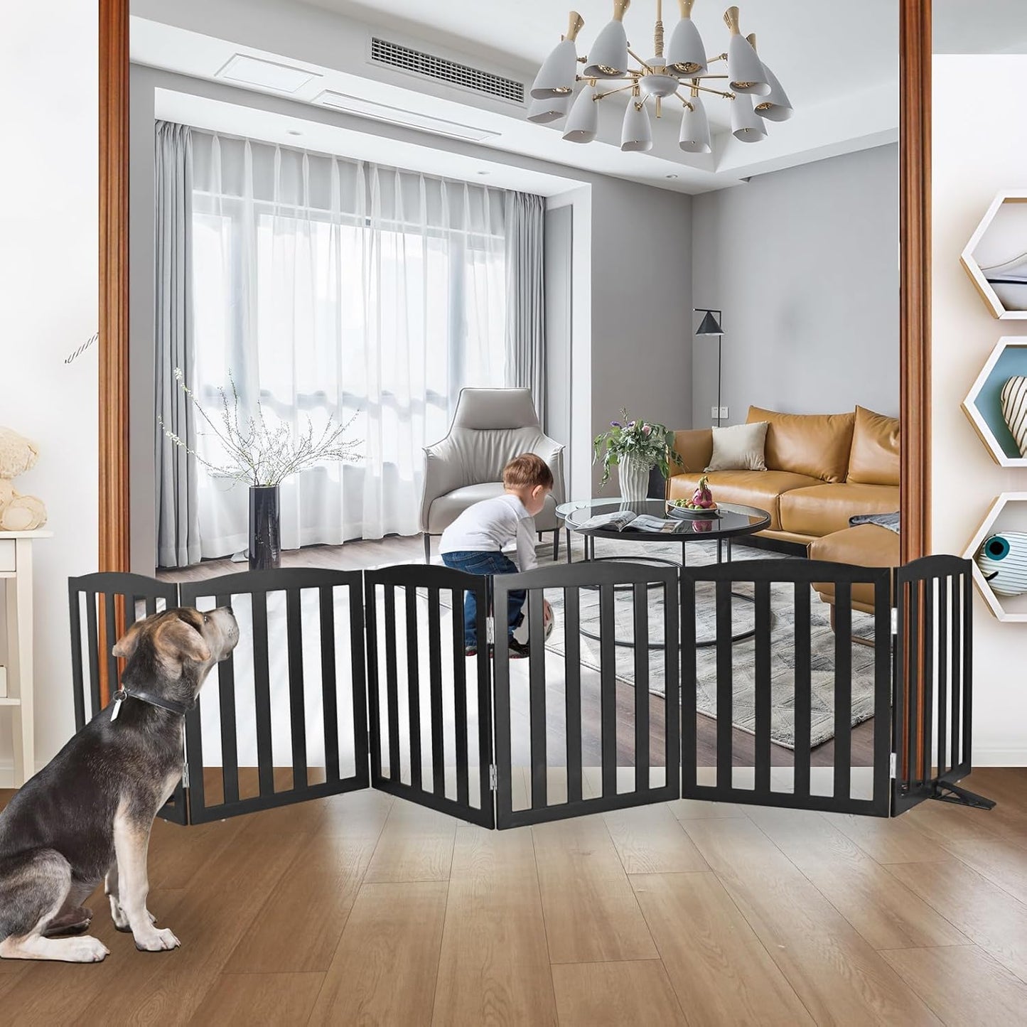 ZJSF Foldable Freestanding Indoor Dog Gate for House Wood White Long Pet Gates Dog Fence for Stairs Puppy Gates for Hallways,Pet Fence, Puppy Gate,Support Feet Included 24 "Height-3 Panels