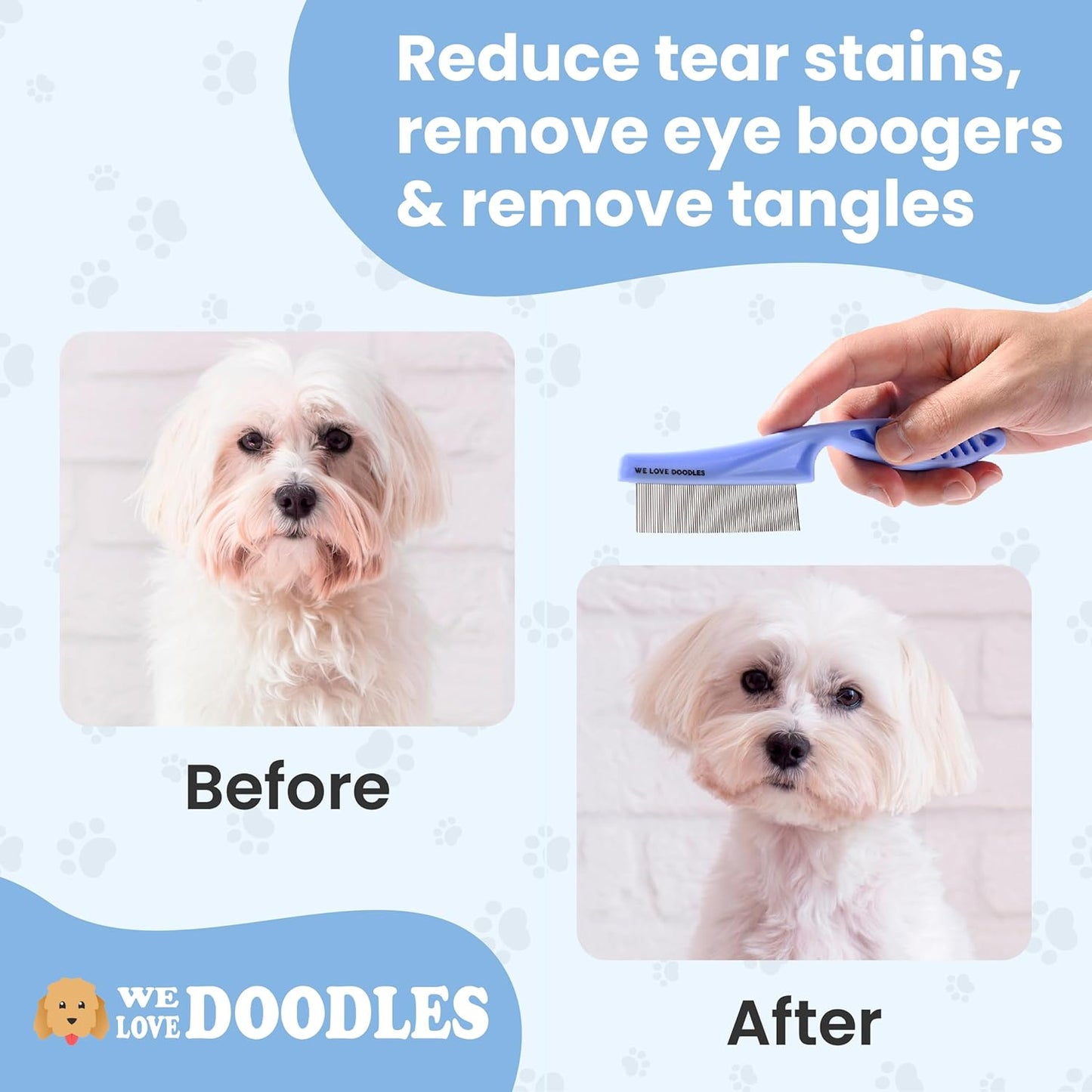 Dog Face Comb, Flea Comb for Dogs, Fine Tooth Tearstain Remover, Removes Crust and Mucus, Face Brush for Poodles & Other Breeds, Grooming Comb for Pets, Large + Small [We Love Doodles]