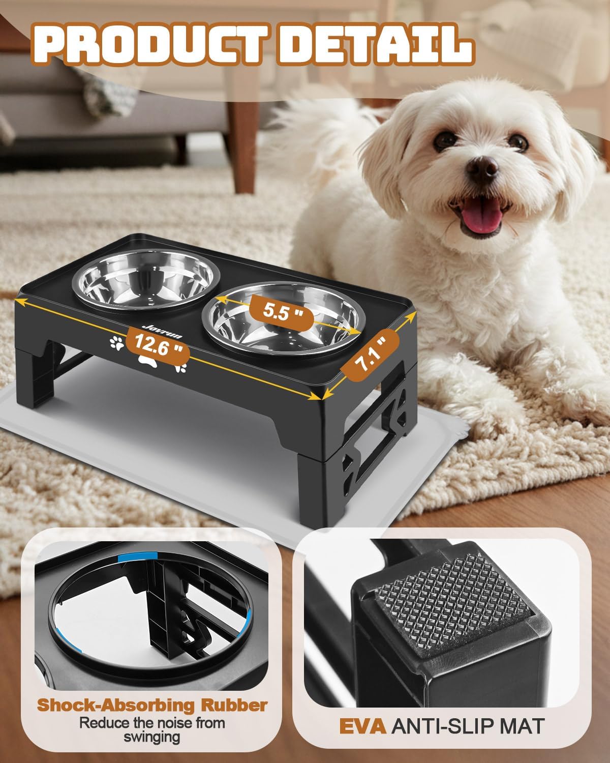 Jovrun Elevated Dog Bowls for Small Dogs and Cats, Non-Slip Cat Bowls with 2 Thick 5.5" Stainless Steel Dishes, Dog Feeder 2 Heights Adjustable to 2.6"-5.3"