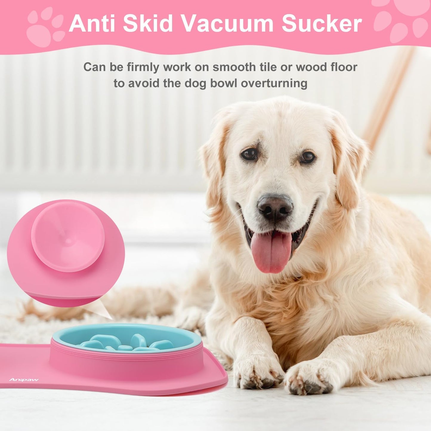 Anipaw Slow Feeder Dog Bowls 3 in 1 Stainless Steel Food and Water Bowls with Non-Spill and Skid Silicone Mat to Slow Down Eating for Large Medium Small Breed Size Dogs and Cats