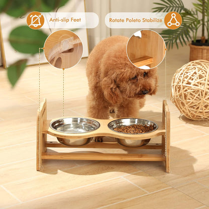 X-ZONE PET Elevated Dog Bowls for Cats and Dogs, Adjustable Bamboo Raised Dog Bowls for Small Dog, Food and Water Set Stand Feeder with 2 Stainless Steel Bowls and Anti Slip Feet (Height 4" to 4.5")