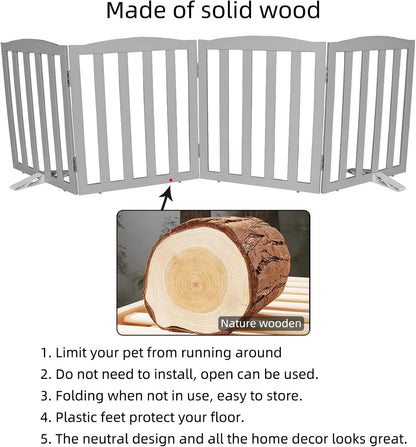 Freestanding Dog Gate Indoor,Doggie Gate Foldable Dog Gates for Doorways,Stairs or Hallways, Wooden White Pet Gate for the House, Pet Fence with Support Feet Included,24 "Height-4 Panels