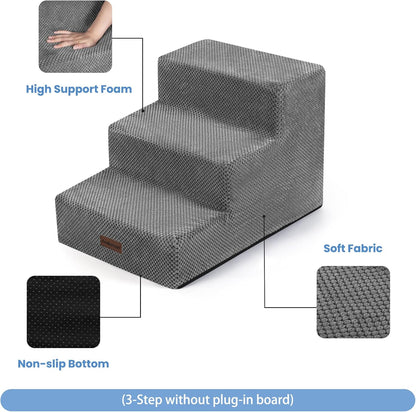 Aodisman Dog Stairs for Small Dogs, 3-Step Non-Slip Pet Stairs for Couch Sofa and Chair, Dog Bed Stairs for Puppy, Older Cat,Grey,13.6" H