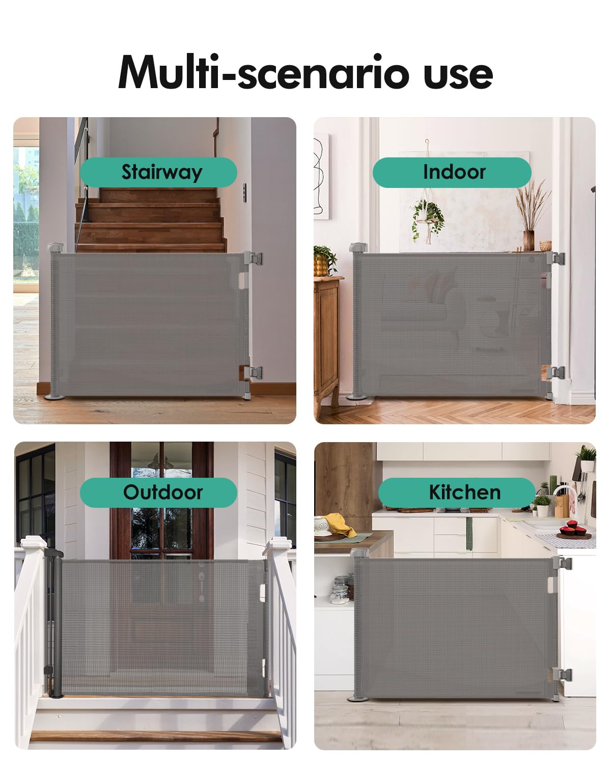 Retractable Baby Gates, Mesh Dog Gate for Doorways, 33.6" Tall, Expands to 55" Wide,Pet Safety Essential Fit for Baseboards, Wide Toddlers Gates for Hallways, Indoor & Outdoor,Gray