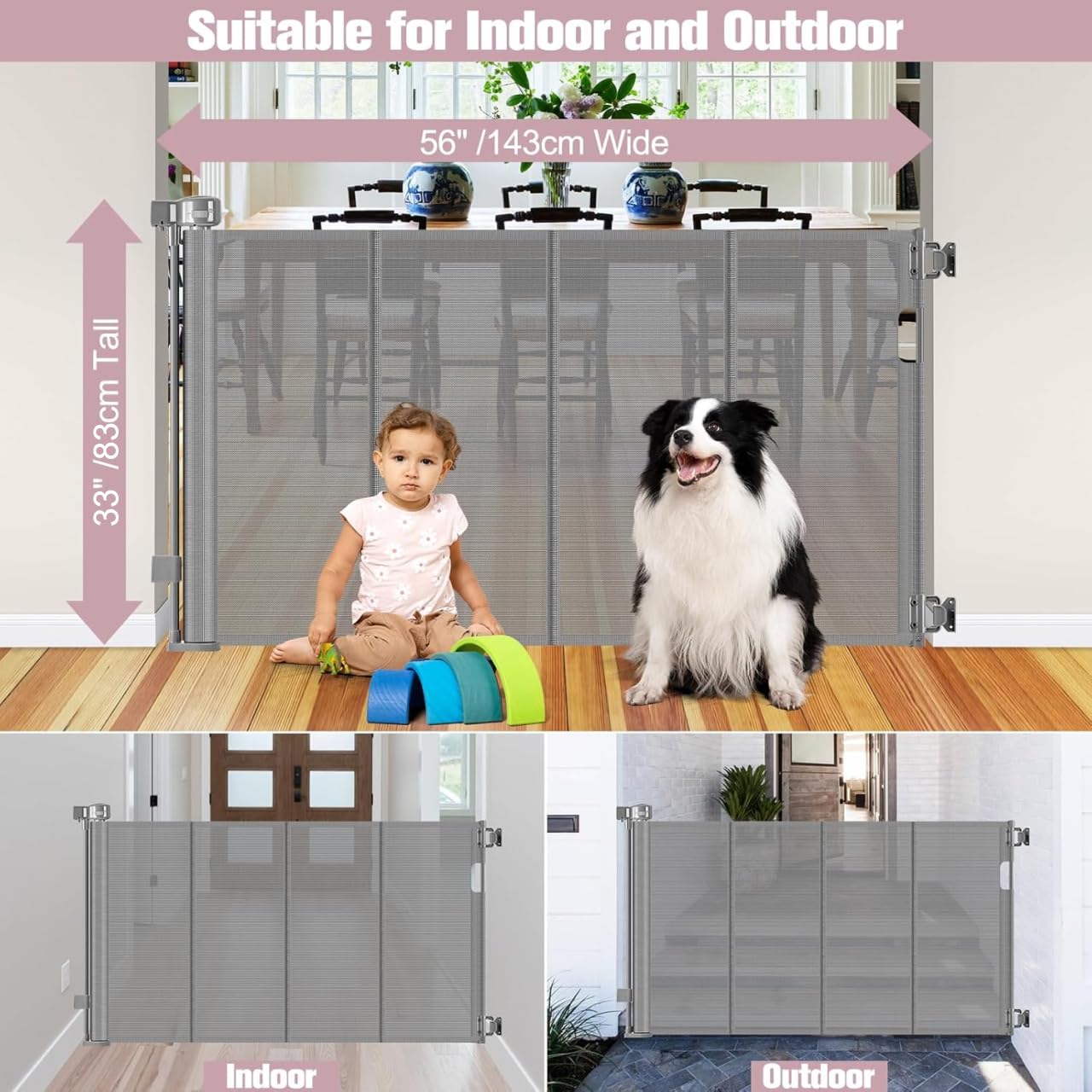 Reinforced 56" Wide Retractable Baby Gates for Doorways with Support Rods - Prevent Crawling Under Retractable Gate, Mesh Pet Gate for Stairs Retractable Dog Gates for The House Indoor/Outdoor, Black