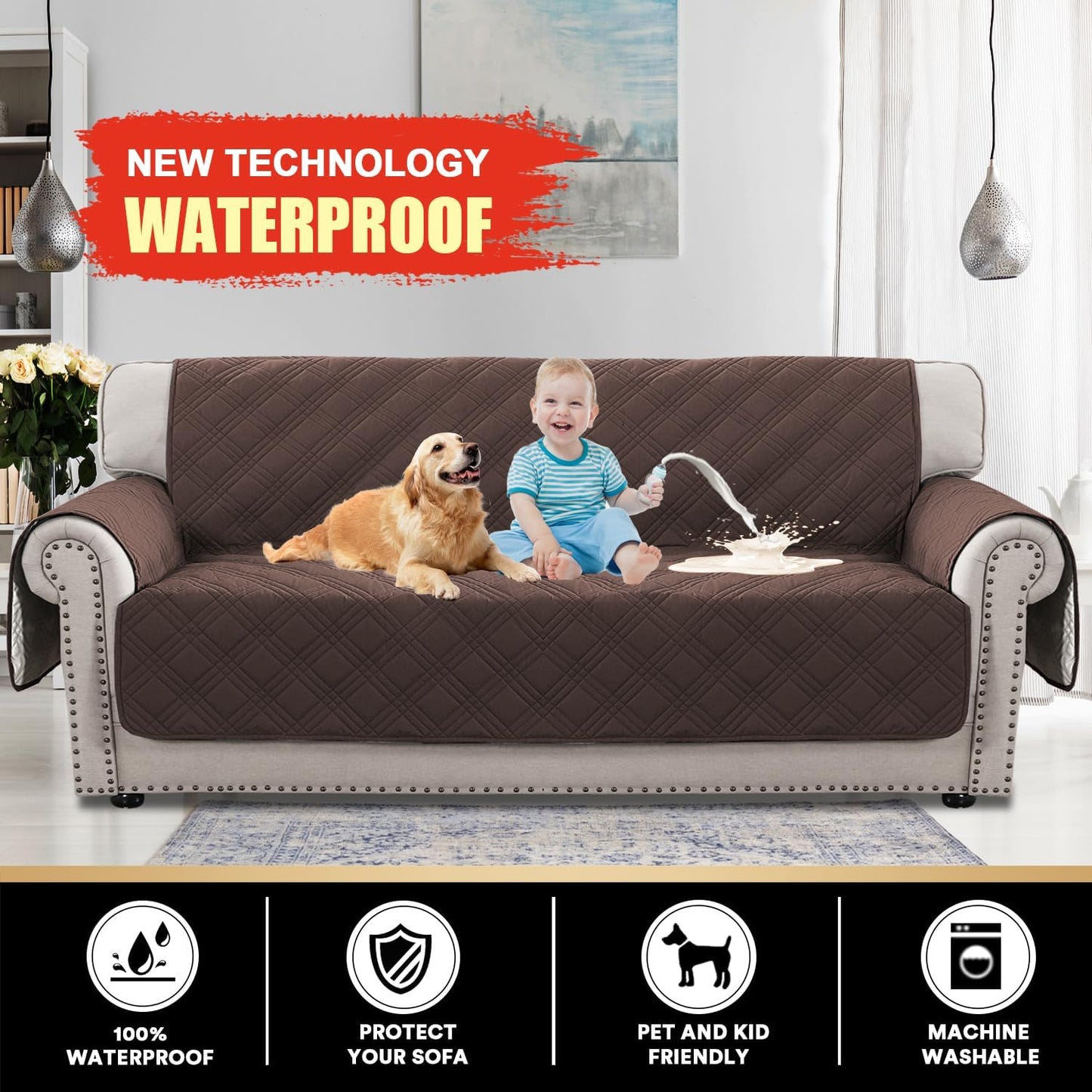 PrinceDeco 100% Waterproof Couch Cover for 3 Cushion Couch Sofa Pet Friendly Non-Slip Couch Cover for Dogs Washable Water Resistant Furniture Protector with Elastic Straps(Sofa 68", French Oak)