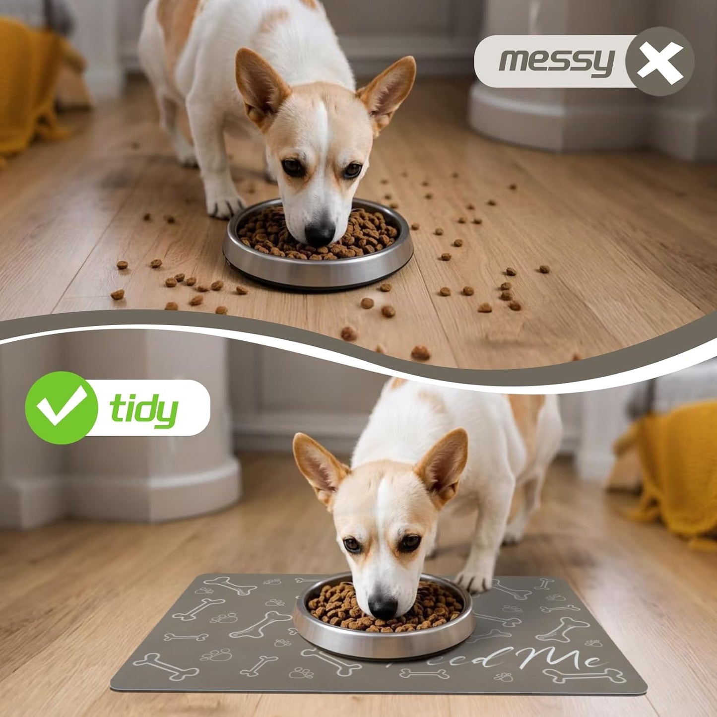 Le courant Dog Cat Feeding Mat,Water Absorbent, Non Slip Placemat for Pets Bowl and Water,100% Waterproof Feeding Mats for Multiple Breeds.Grey.Bone Printing