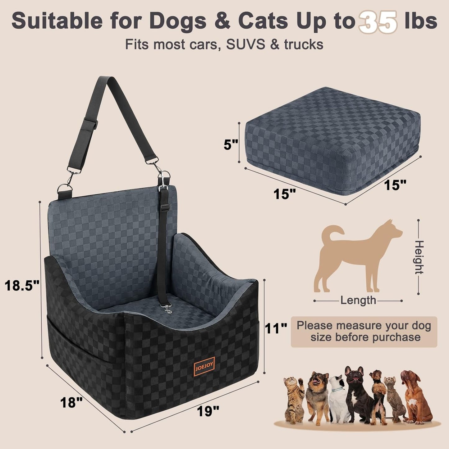 JOEJOY Elevated Dog Car Seat for Small/Medium Dogs up to 35 lbs, Memory Foam Booster Seat with Detachable Washable Cover, Travel-Safe Car Bed with Safety Belts & Storage Pockets, Grey