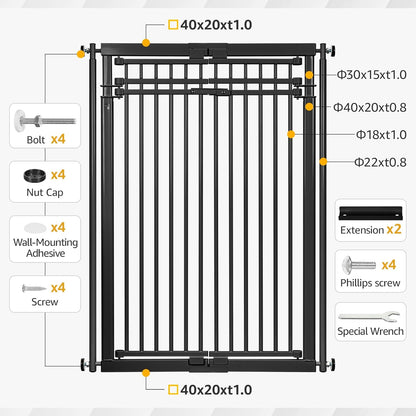 78.8" Extra Tall Cat Gate, 28.3-33" Wide Safety Metal Cat Door, Pressure Mounted Easy Walk Through Pet Gate with Door for Stairs, Doorways, Black