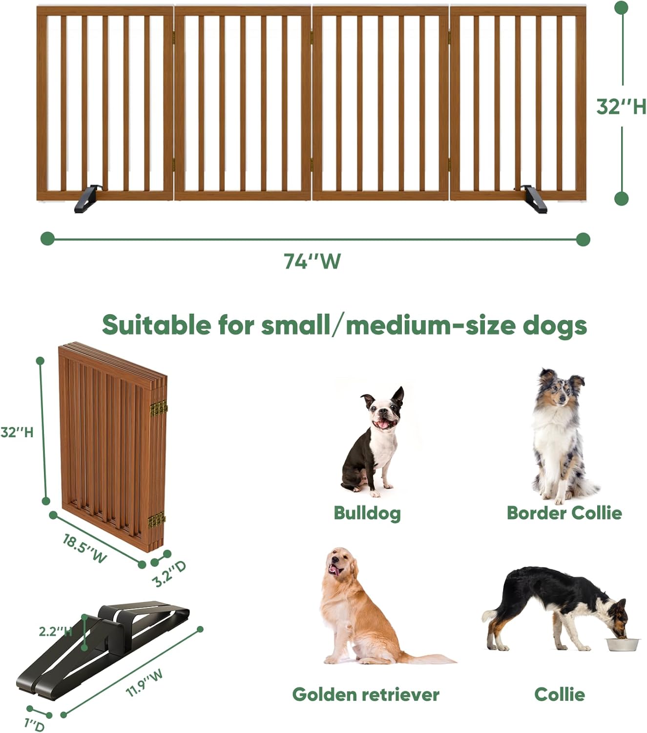 Freestanding Foldable Dog Gate - 4 Panel Room Divider with Metal Support Feet (Black)