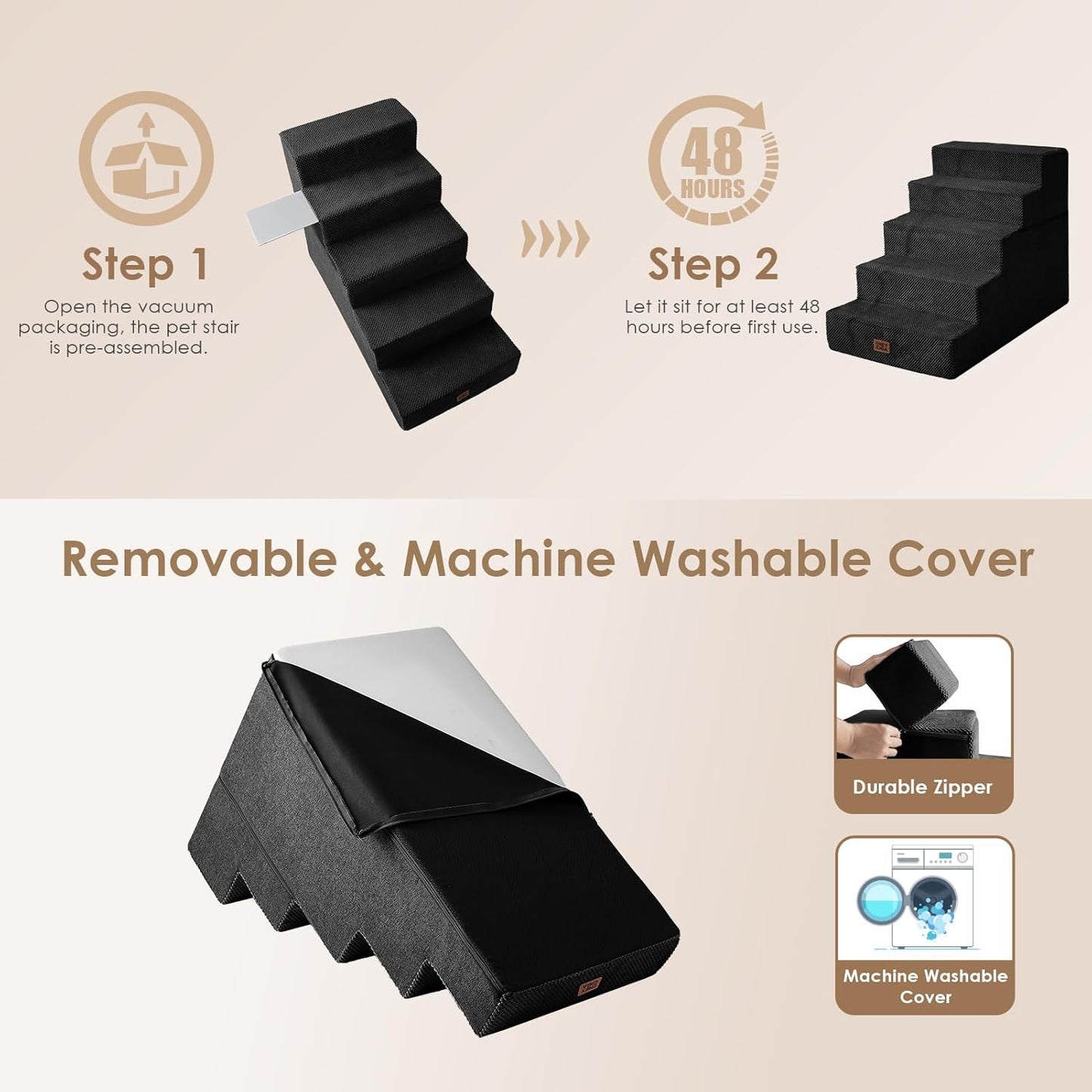 EHEYCIGA Dog Stairs for High Bed 22.5" H, 5-Step Dog Steps for Bed, Pet Steps for Small Dogs and Cats, Non-Slip Balanced Pet Ramp Indoor, Grey