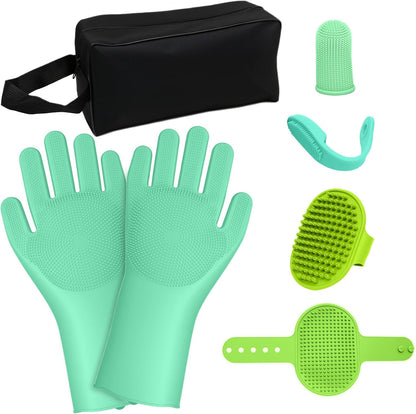 7PCS Dog Washing Gloves | Dog Bath Brush | Storage Bag | Dog Finger Toothbrush for Short & Long Haired Dogs & Cats | Efficient Deshedding Bathing & Massaging, Suitable for Pets (Sage Green)