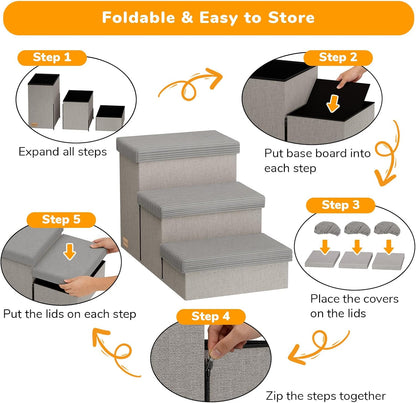 3-Step Wide Dog Stairs with Hidden Storage 18" H, Non-Slip Dog Steps for High Bed Couch Window Car, Jiont-Friendly Pet Stairs Ramp for Small/Medium/Large Old Dogs Cats Up to 200lbs, Grey
