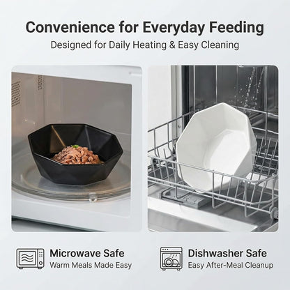 Ceramic Tilted Raised Cat Bowl - Elevated Food Bowl for Indoor Cats & Small Dogs - Shallow Wide Whisker-Friendly Design - Pet Dish Suitable for Feeding Dry, Wet, Treats & Canned Food - White