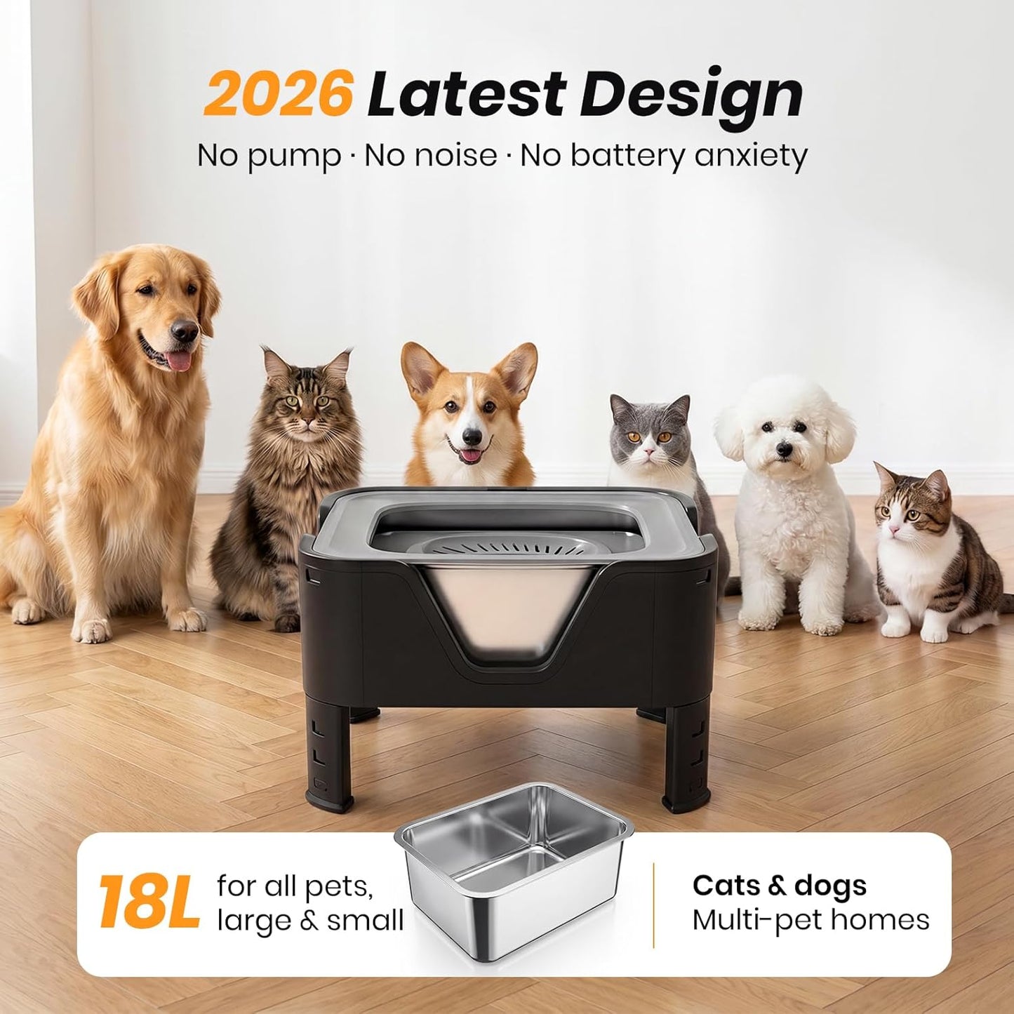 18L (4.7Gal) Extra Large (17.9x14x14.7) Elevated Dog Water Bowl, 4-Level Height Adjustable Raised Stand for Large & XL Dogs, Stainless Steel No-Spill Bowl with Replaceable Filter for Multi Dog
