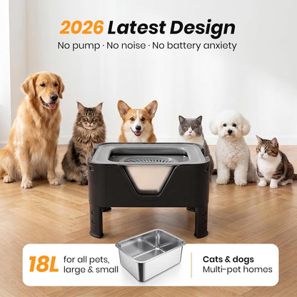 18L (4.7Gal) Extra Large (17.9x14x14.7) Elevated Dog Water Bowl, 4-Level Height Adjustable Raised Stand for Large & XL Dogs, Stainless Steel No-Spill Bowl with Replaceable Filter for Multi Dog