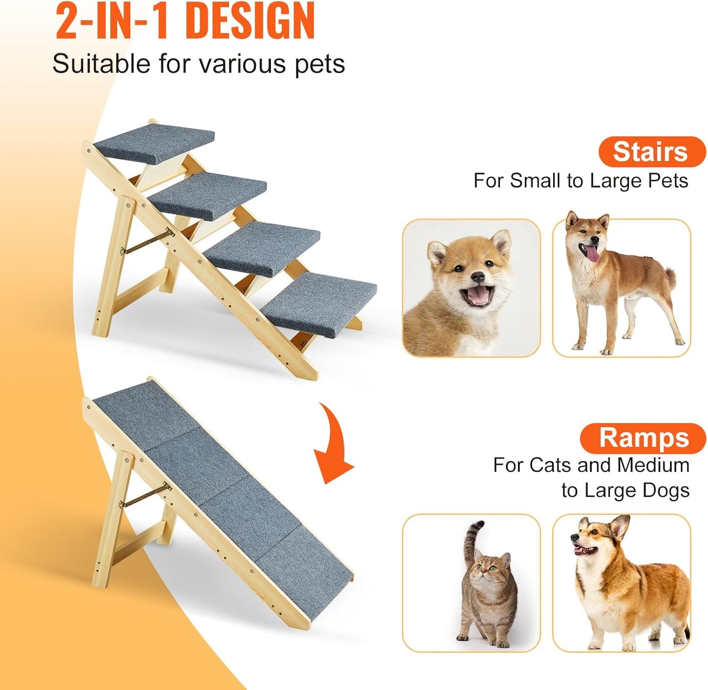 VEVOR Wood Pet Stairs, 2-Step Dog Stairs for Beds, Sofa & Cars, 110lbs Load Capacity, Floded Flat Design, Stable & Sturdy Cat & Dog Step Ladder for Small Medium Large Older Pet Puppy Essentials