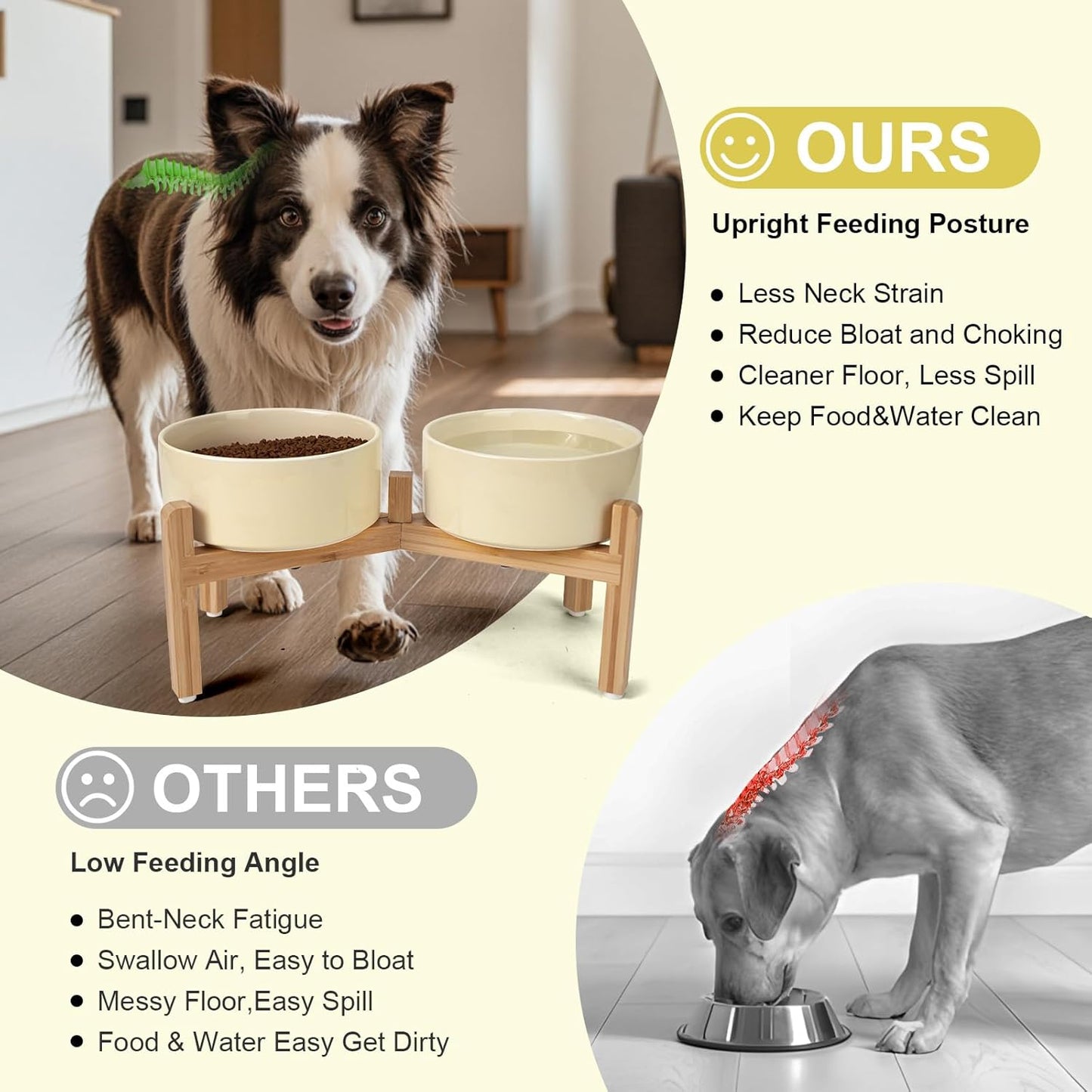 SPUNKYJUNKY Elevated Dog Bowls Ceramic, 6.1'' Dogs and Cat Food Water Bowls Raised with Non-Slip Bamboo Stand for Medium Sized Breed Microwave Dishwasher Safe - 28.7 OZ,Beige
