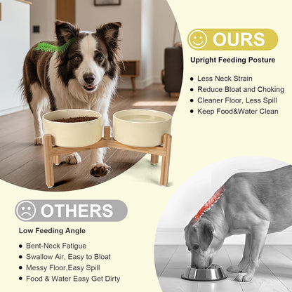 SPUNKYJUNKY Elevated Dog Bowls Ceramic, 6.1'' Dogs and Cat Food Water Bowls Raised with Non-Slip Bamboo Stand for Medium Sized Breed Microwave Dishwasher Safe - 28.7 OZ,Beige
