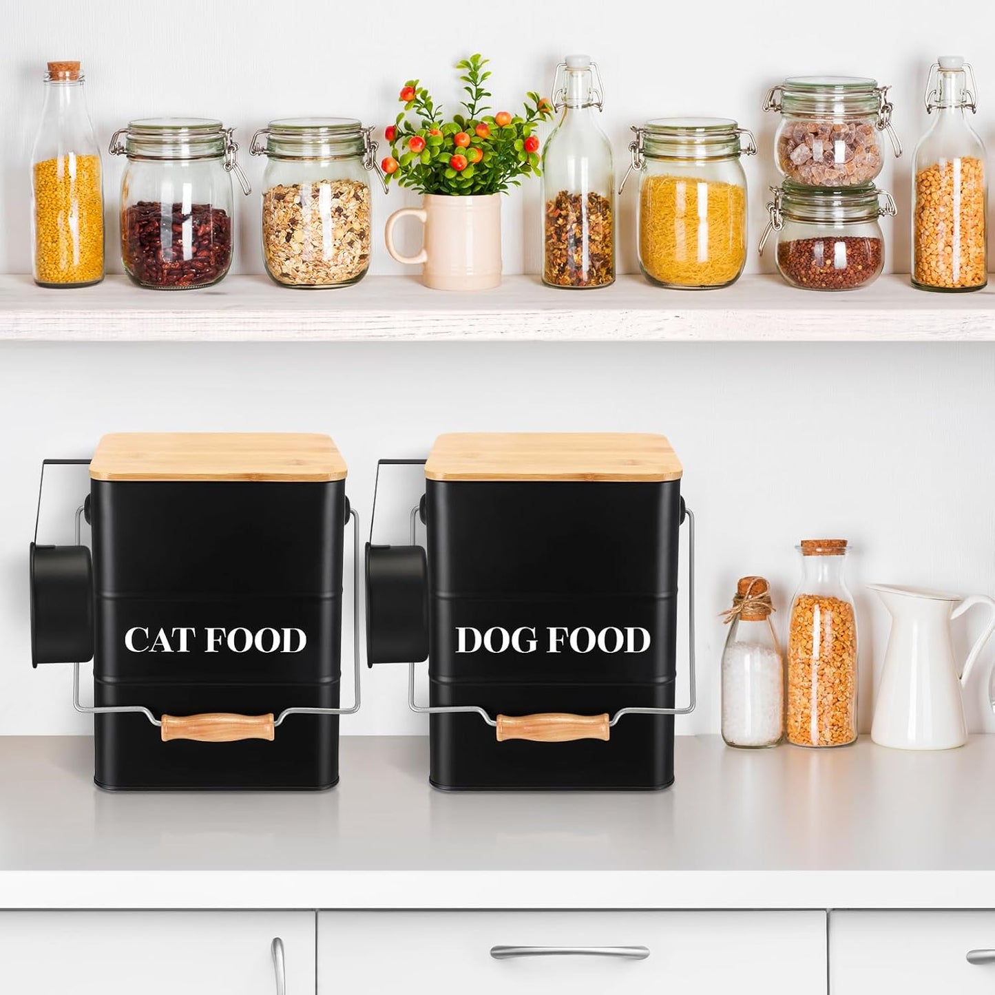 Tioncy 2 Pcs Metal Dog and Cat Food Storage Containers Big Pet Food Containers with Bamboo Lids and Spoon Airtight 5-7 Lbs Dog Cat Treat Snack Jars with DIY Labels for Kitchen Counter(White)