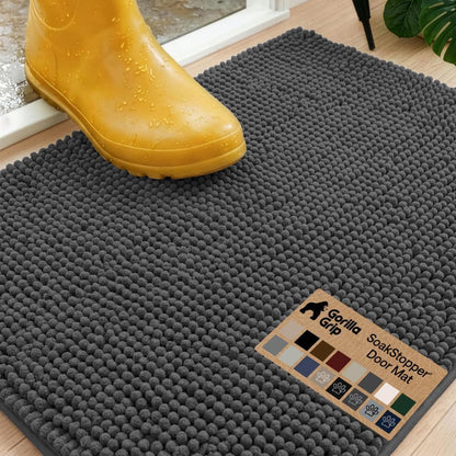 GORILLA GRIP SoakSTOPPER Dog Door Mat, 30x20 Machine Washable Rug Absorbent Doormat Captures Moisture Mud Dirt, Quick Dry Soft Chenille Entryway Rugs Indoor Entrance Mats for Dog Paws, Paw Grey