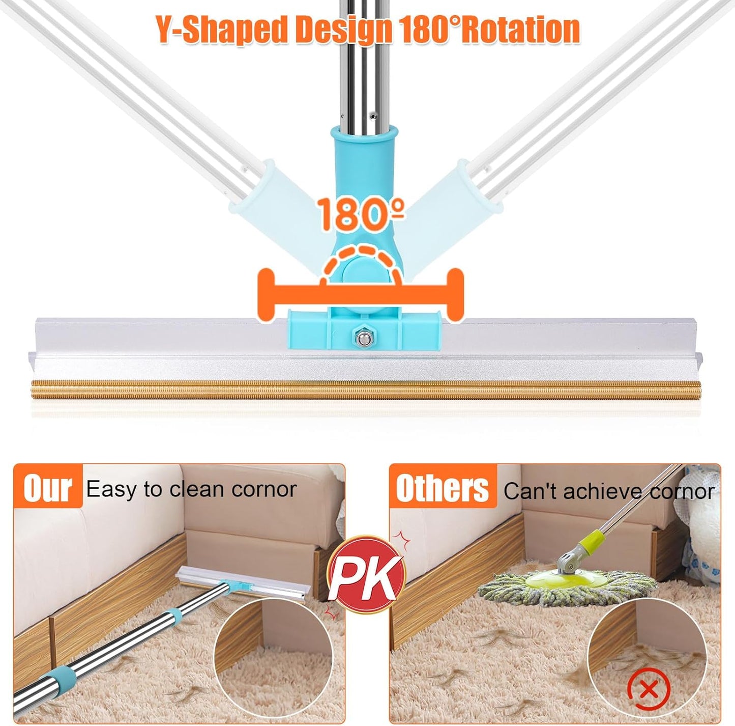 Carpet Rake for Pet Hair Removal, 2 in 1 Pet Hair Remover Tool with Squeegee, Durable Sturdy Dog Cat Hair Rake, 60‘’ Adjustable Handle, 12'' Wide Rake Scraper Carpet Broom for Carpet Rug Mat Cleaning