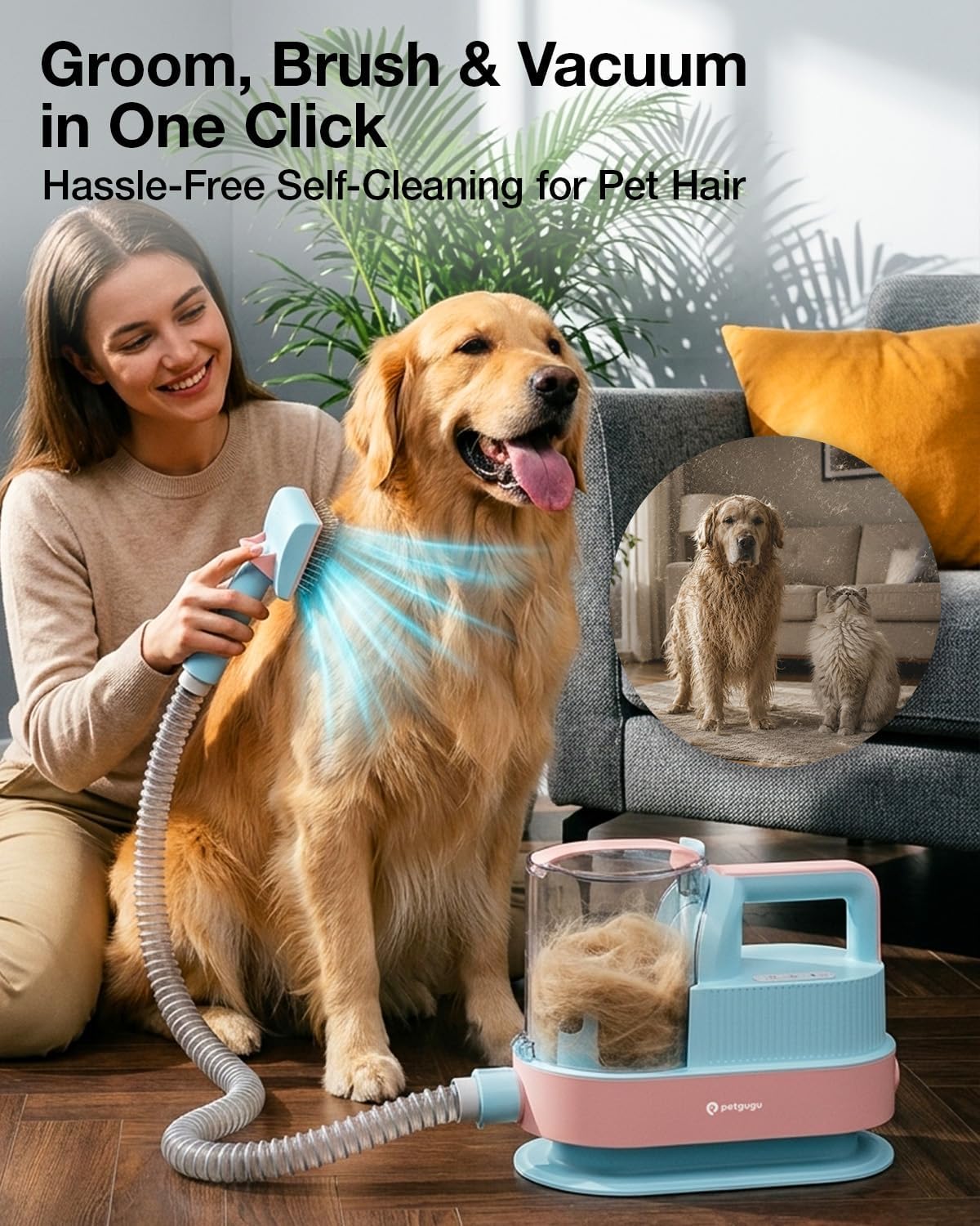 PETGUGU Dog Grooming Vacuum,Dog Vacuum for Shedding Grooming with 7-in-1 Clipper, Nail Grinder & Deshedding Brush,2.5L Dust Cup,3-Speed Adjustable & Temp Control Blower,Low Noise Pet Hair Vacuum