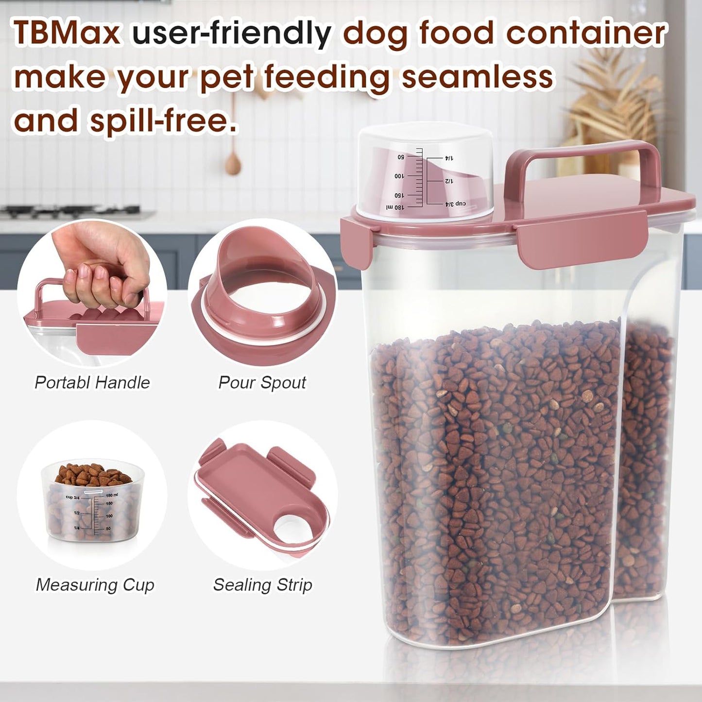 TBMax Dog Food Storage Container 5-7 lbs, Airtight Cat Food Container with Larger Spout & Measuring Cup, Portable Pet Food Storage Dispenser for Small Animal Kibble Storage, Bird Seed Container