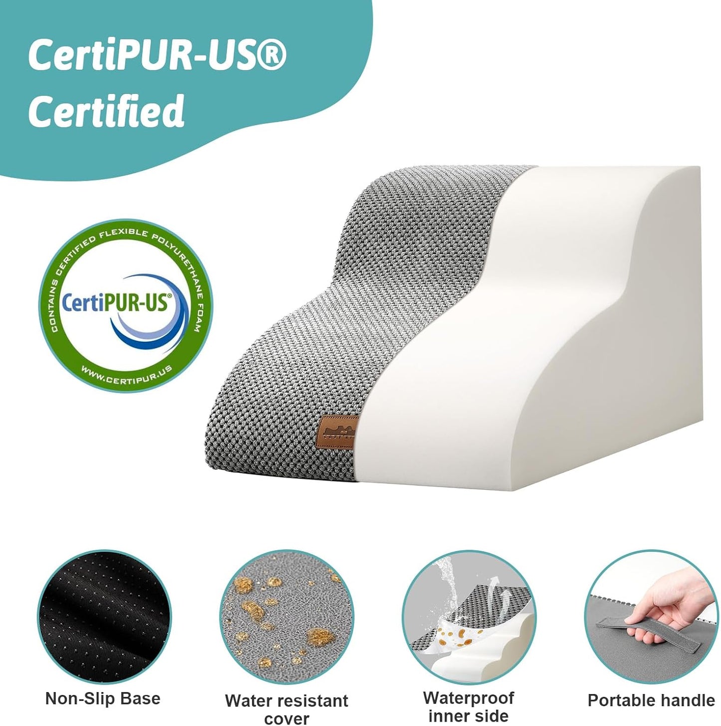 COZY KISS Dog Stairs for Small Dogs 15.7" H, Curved Dog Step for Puppy, Older Cat, Medium Pet Ramp for Sofa, Couch or Chair, Ladder with High Density Foam, 3 Step, 15.7x22.4x15.7 inch, Beige